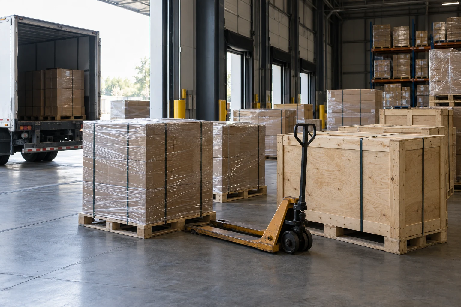 Secured cartons and wooden crates with a pallet jack in a distribution facility
