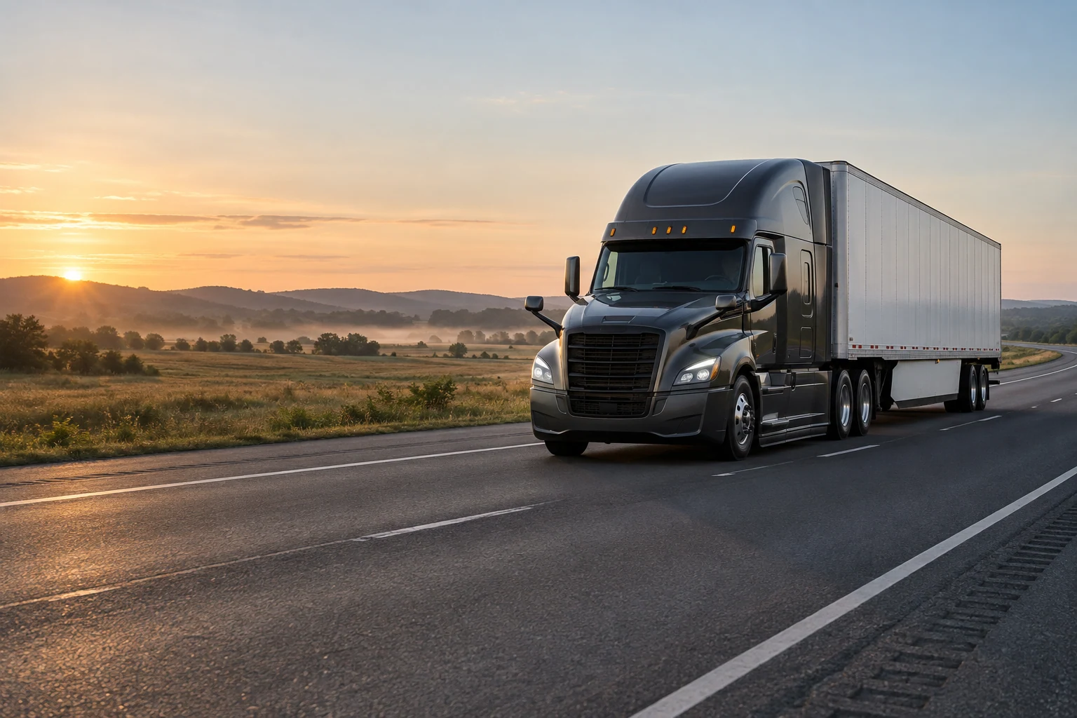 American tractor-trailer traveling on an open highway in warm early-morning light