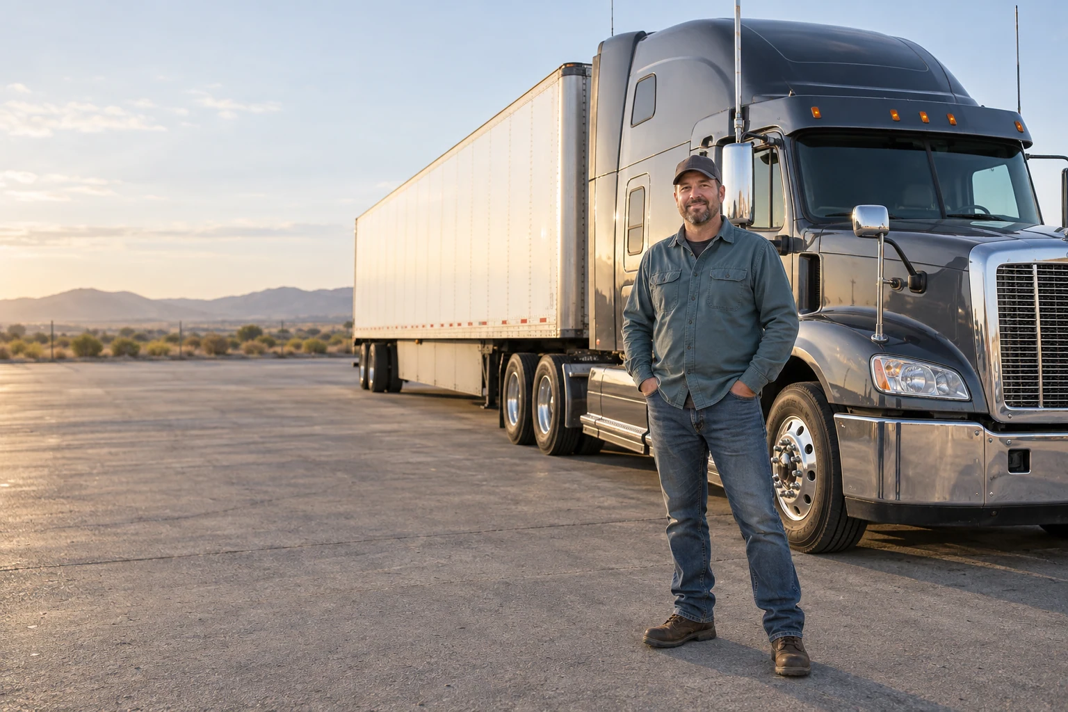Professional driver beside a parked American semi-truck in morning light