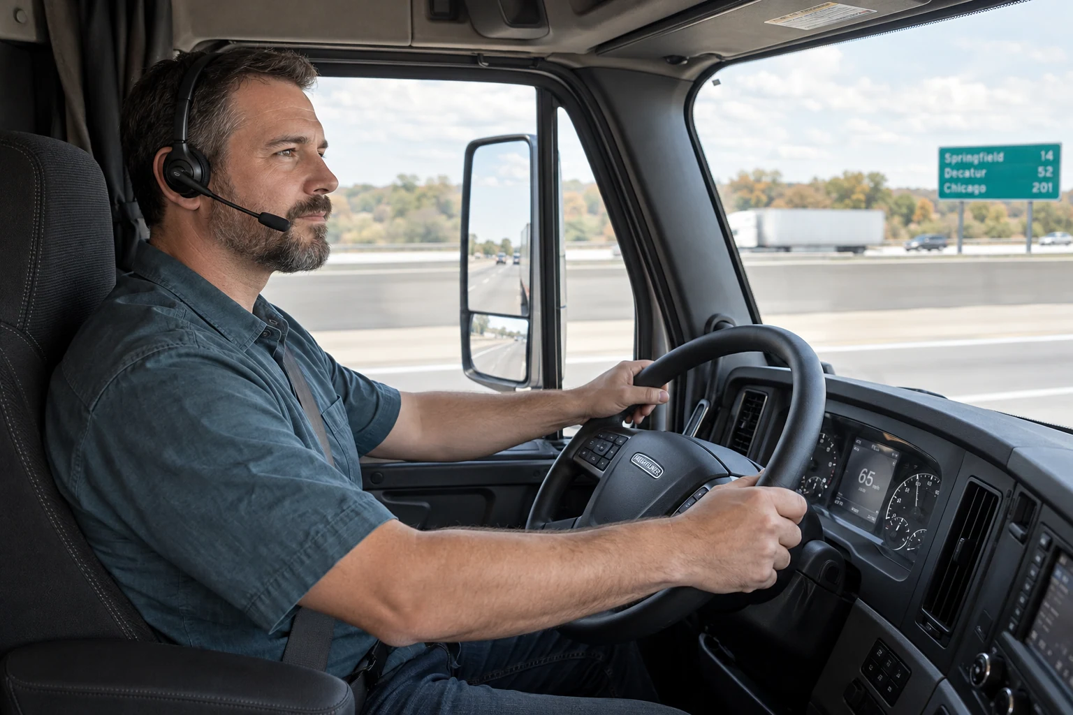 Seat-belted professional driver wearing a single-ear headset, with both hands on the wheel of a Freightliner Cascadia on a daytime highway