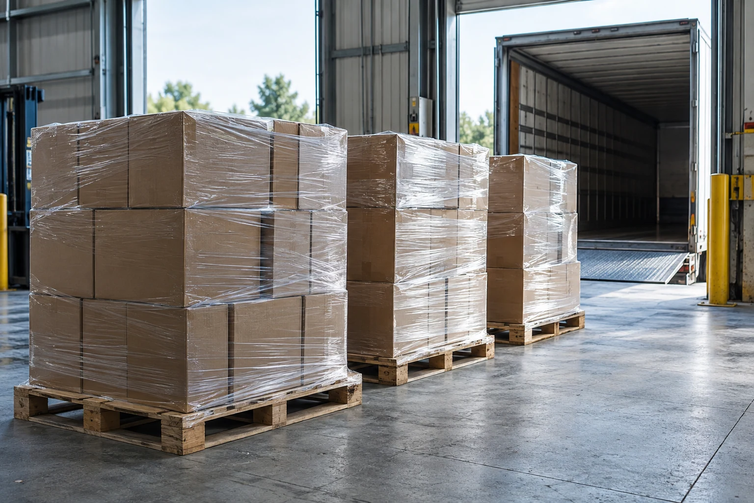 Wrapped palletized freight prepared for departure beside a loading dock