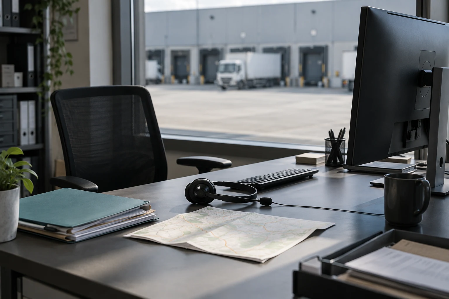 Shipment-planning workspace with a headset, route map, and loading facility in the background