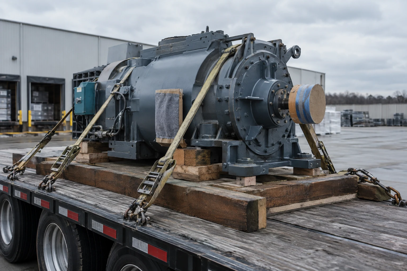 Industrial machinery secured with protective packing and restraints for transport
